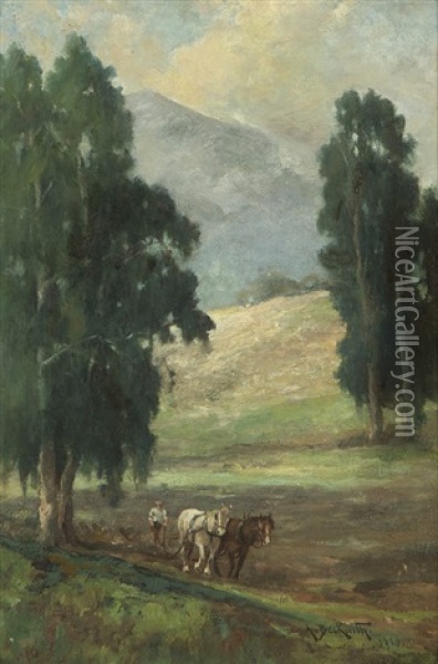California Landscape With Plowman Oil Painting - Arthur Beckwith