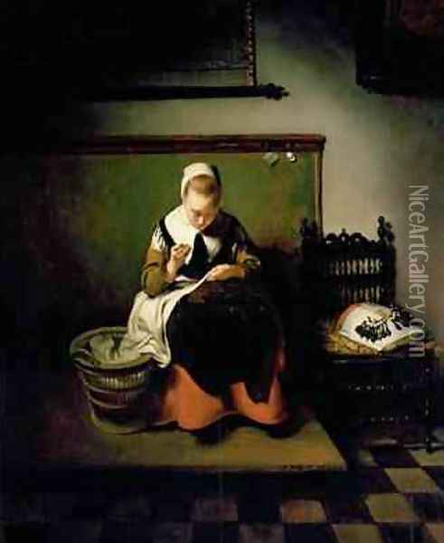 A Young Woman Sewing Oil Painting - Nicolaes Maes