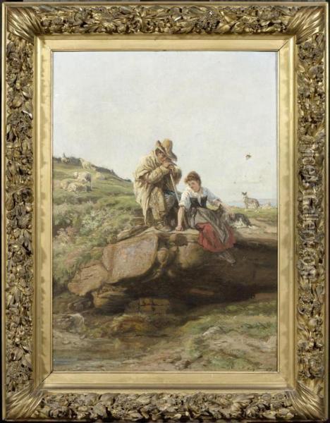 Shepherd And Maidservant In A Coastal Landscape Oil Painting - Henri-Arthur Bonnefoy