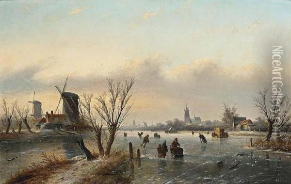 Winter Landscape With Figures Near A Koek En Zopie Oil Painting - Jan Jacob Coenraad Spohler