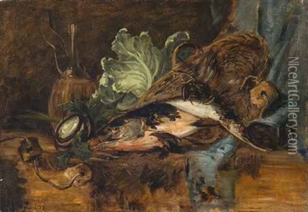 Kuchenstillleben Mit Fisch, Korb Und Einem Kohlkopf Oil Painting - Carl Schuch