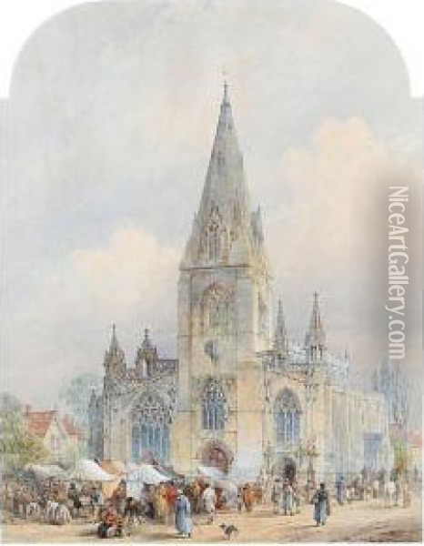 A Market Scene Before A Town Church Oil Painting - Samuel Read