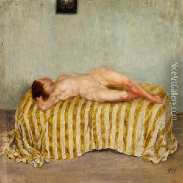 A Nude Woman Layingon A Bed Oil Painting - Vilhelm Hammershoi