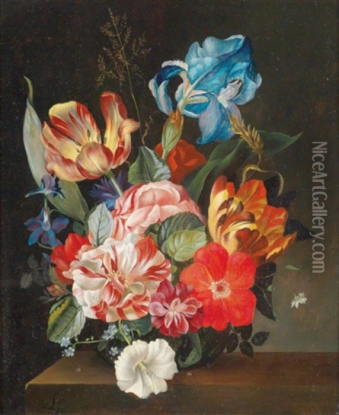 Blumenstuck Mit Tulpen, Rosen, Lilien Und Vergismeinnicht Oil Painting - Josef Schuster