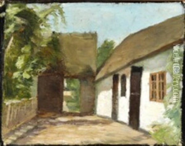White Farm House And A Gateway Oil Painting - Marie Kroyer