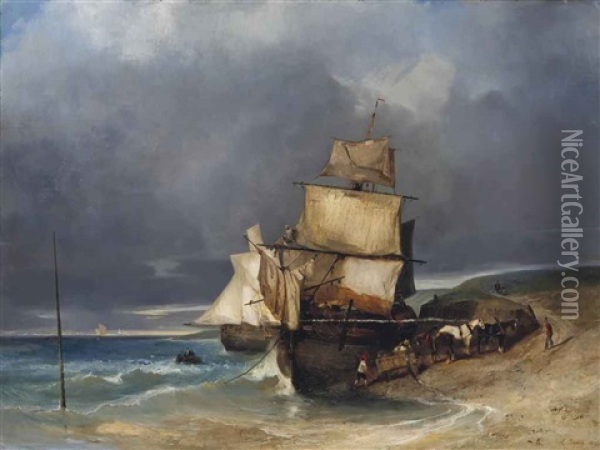 Navire Sur La Greve Oil Painting - Louis-Gabriel-Eugene Isabey