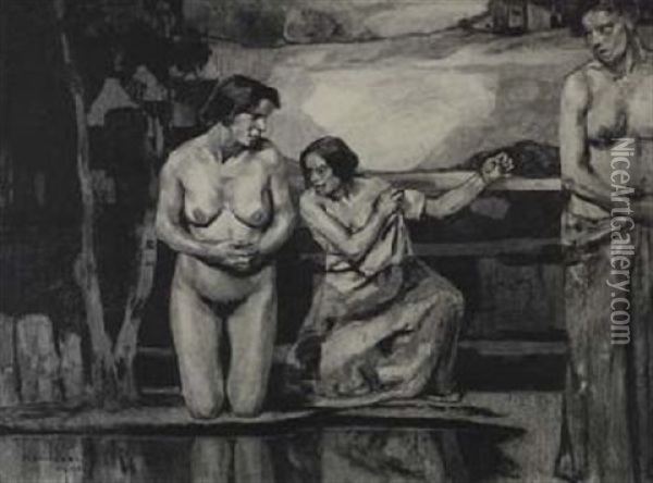 Drei Frauen Am Wasser Oil Painting - Adolf Hoelzel