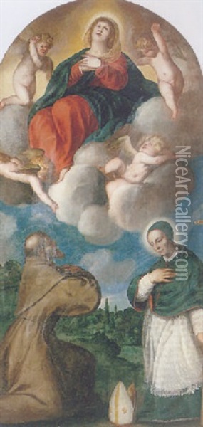 The Assumption Of The Virgin, With Saint Francis And A Bishop Saint Oil Painting - Jacopo Palma il Giovane
