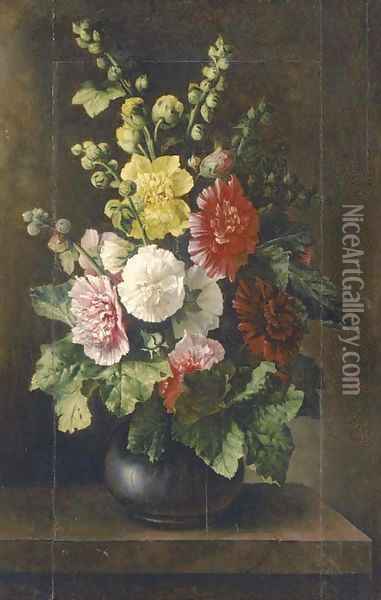 Mixed flowers in a vase on a plinth Oil Painting - Italian School
