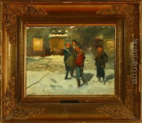 Soliders Are Carrying A Woman Across Snowdrifts Oil Painting - Erik Henningsen