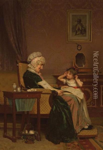 The First Lesson Oil Painting - Louis Emile Adan