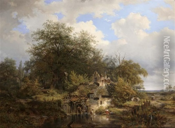 A Homestead With A Waterwheel On The Boundaries Of A Forest Oil Painting - Johannes Gijsbertus van Ravenswaay