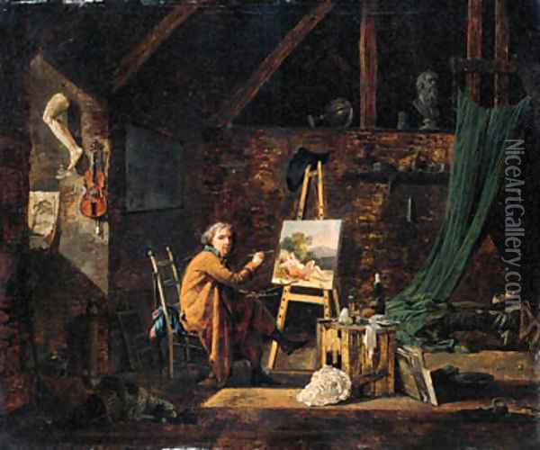 Portrait of an artist, seated small full-length, painting in his studio Oil Painting - Martin Drolling