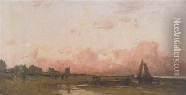 Honfleur - La Greve A Maree Basse Oil Painting - Adolphe Felix Cals