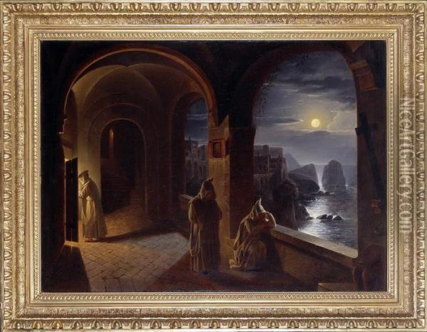 Drei Monche In Einem Klosterkreuzgang Mit Blick Auf Das Meer Im Mondschein Und Oil Painting - Franz Ludwig Catel