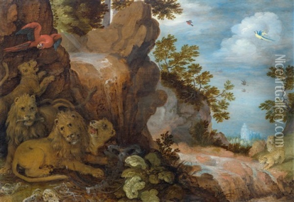 Rocky Landscape With Mountain Stream, Lions, Leopards, Parrots And Other Birds Oil Painting - Roelandt Savery