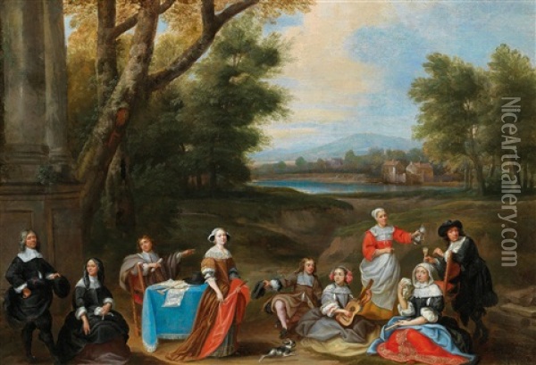 An Architect Showing Plans To A Family In Aristocratic Attire Against A Landscape Backdrop Oil Painting - Pieter Van Der Plas