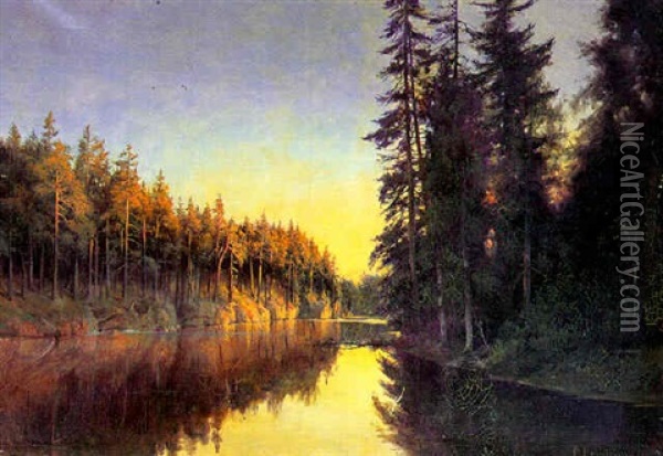 Skovso Med Naletraeer Oil Painting - Peder Jacob Marius Knudsen