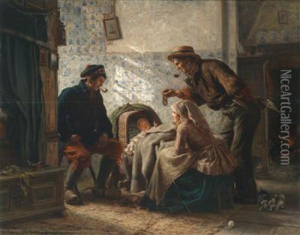 At The Cradle Oil Painting - Carl Wilhelm Hubner