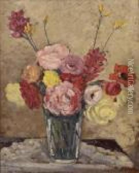 Vase De Fleurs Huile Sur Carton Signee En Bas A Droite Et Contresignee Au Dos Oil Painting - Emile Alfred Dezaunay