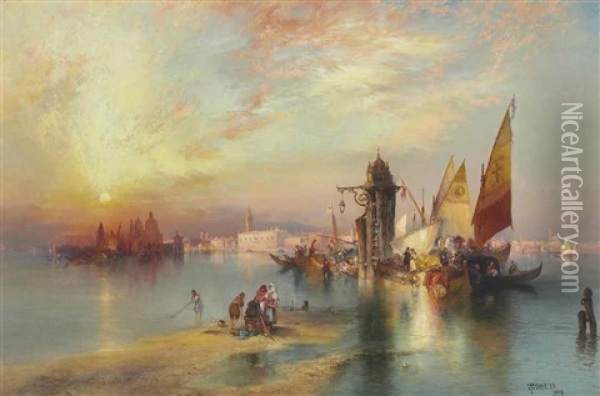 Venice, Sunset Behind Santa Maria Oil Painting - Thomas Moran