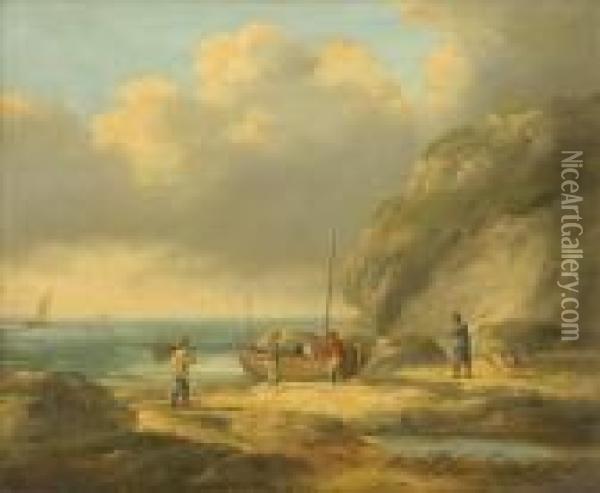 Setting Out, Beach Scene With Fishermen And Dog Oil Painting - George Morland