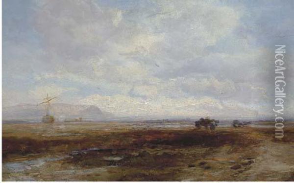 A Marshy Landscape With A Beached Boat In The Distance Oil Painting - James Webb