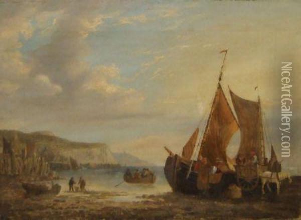 Coastal Scene With Figures And Boats Oil Painting - James Webb