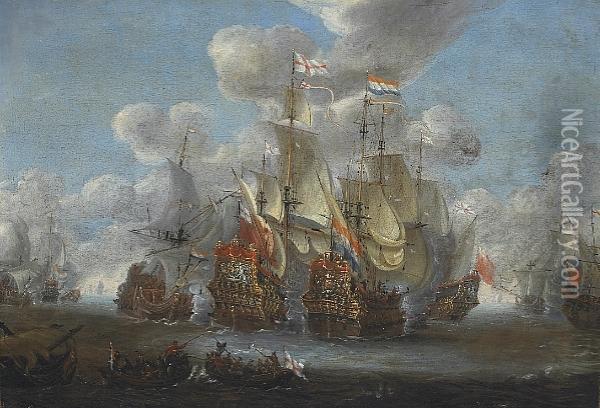 A Naval Engagement Oil Painting - Johannes Becx