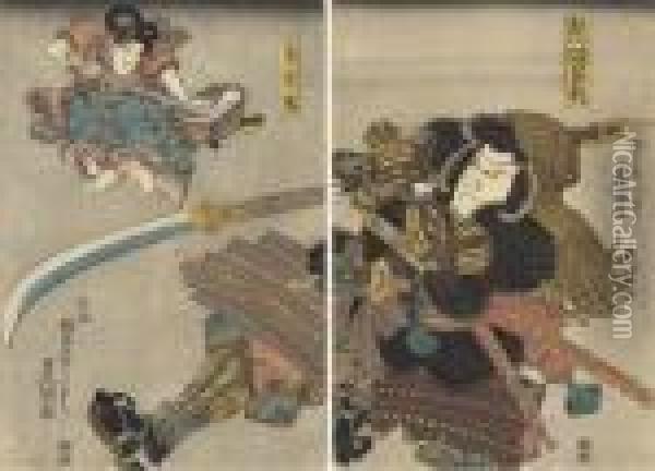 An Oban Diptych Oil Painting - Kunisada