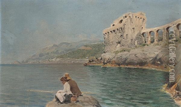 Fishing On The Amalfi Coast Oil Painting - Alceste Campriani