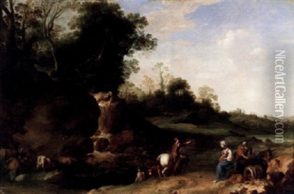 Landskap Med Figurer - Flykten Till Egypten Oil Painting - Cornelis Van Poelenburgh
