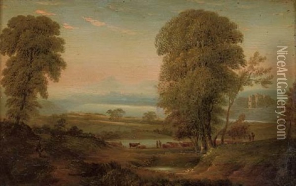 A View In County Wicklow With Figures And Cattle In The Foreground And A Ruin To The Right Oil Painting - George Barrett Jr.
