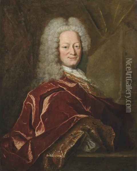 Portrait Of A Gentleman, Half-length, In Rust Robes With Emboidered Decoration, A Curtain And Pillar Behind Oil Painting - Hyacinthe Rigaud