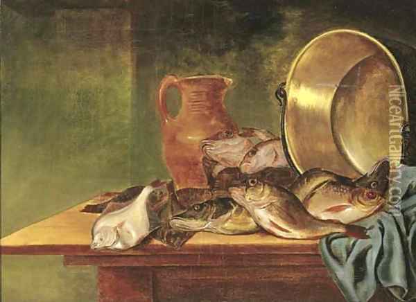 Plaice, red gurnard and other fish in a basket Oil Painting - Pieter Van Schaeyenborgh