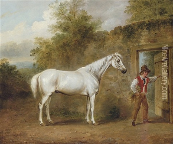 A Grey Hack Held By A Boy, By A Door Through A Wall, In A Landscape Oil Painting - William Brocas