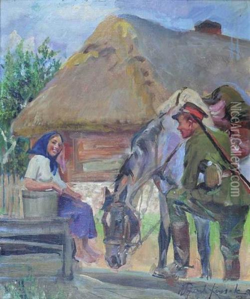 Dziewczyna Z Zolnierzem Przy Studni Oil Painting - Wojciech Von Kossak