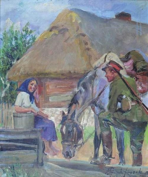 Dziewczyna Z Zolnierzem Przy Studni Oil Painting - Wojciech Von Kossak