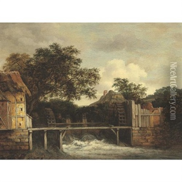 Two Water Mills And An Open Sluice Oil Painting - Jacob Van Ruisdael