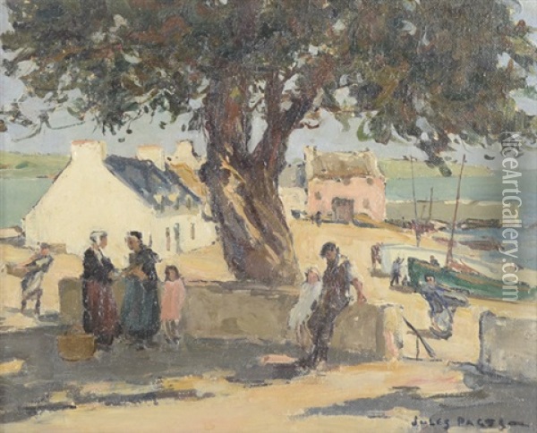 On The Brittany Coast Under The Big Tree Oil Painting - Jules Eugene Pages