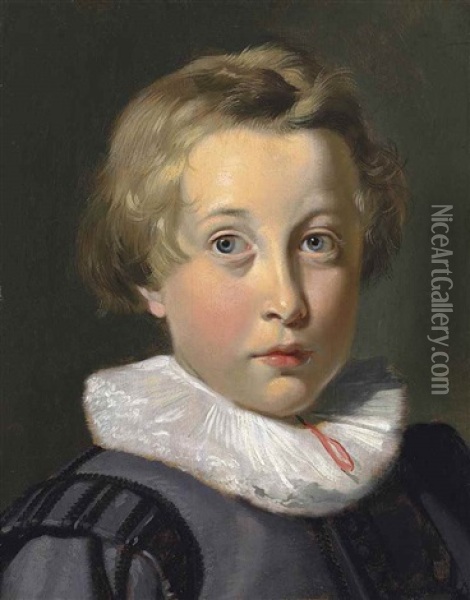 Portrait Of A Boy, Bust-length, In A Grey Patterned Doublet And Ruff Oil Painting - Thomas De Keyser