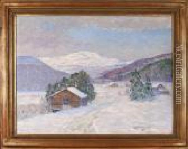 Vinterlandskap Med Stugor Oil Painting - Anton Genberg
