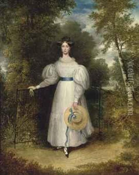 Portrait Of A Lady, Small Full-length, In A White Dress With A Bluesash, Holding A Straw Hat, Standing By A Gate, A Landscapebeyond Oil Painting - James Gooch