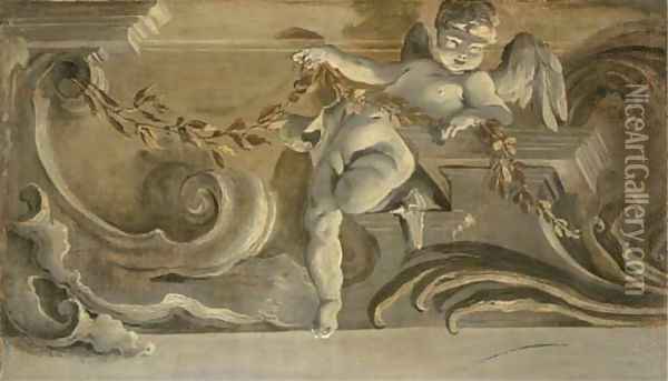 A cornice with a putti holding an olive branch; en grisaille Oil Painting - Jacopo Guarana