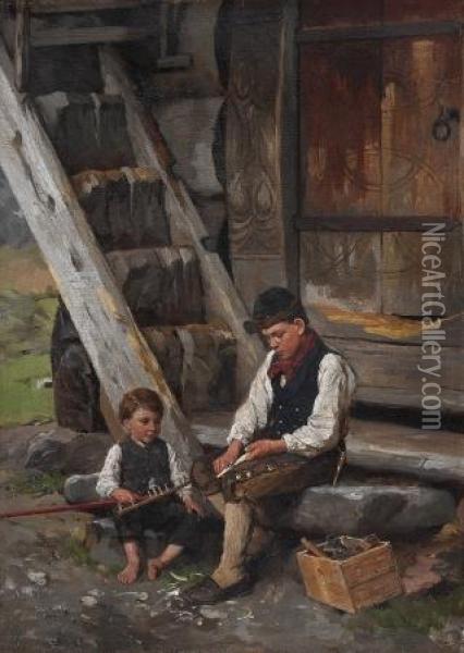 To Sittende Gutter 1885 Oil Painting - Jahn Ekenaes