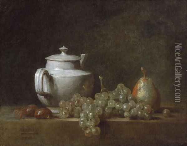 Still Life with Tea Pot, Grapes, Chesnuts, and a Pear, c.1764 Oil Painting - Jean-Baptiste-Simeon Chardin