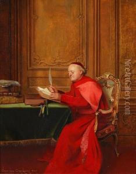Cardinal Seated In An Interior Oil Painting - Georges Croegaert