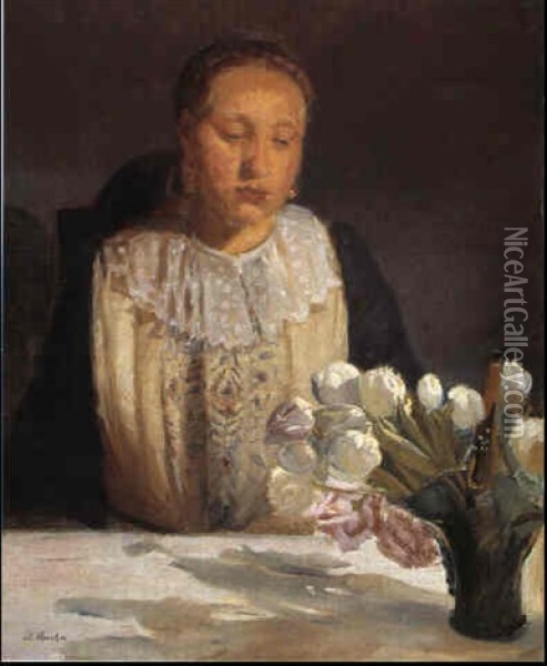Portraet Af Helgas Barnepige Else Brems Siddende Ved Et     Bord Med Tulipaner Oil Painting - Anna Kirstine Ancher