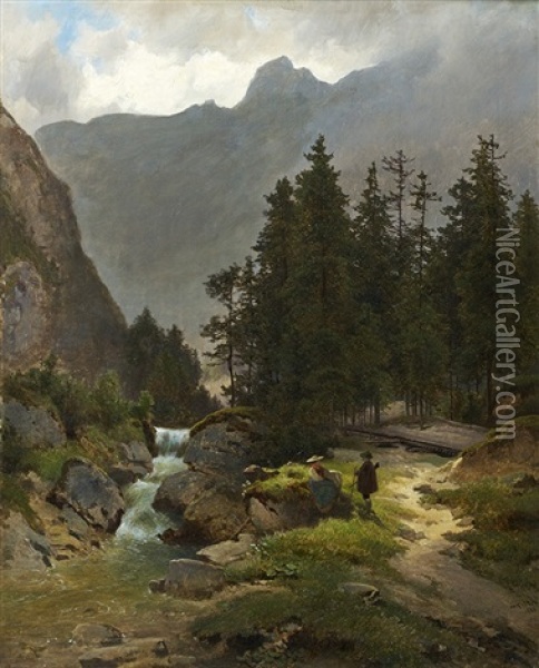 Promeneurs Au Bord Du Cascade Dans Les Alpes Oil Painting - Melchior Fritsch