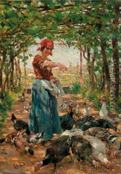 Feeding The Ducks And Turkeys Oil Painting - Raffaelo Sorbi